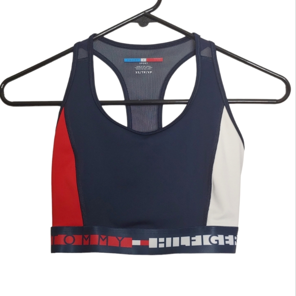 Tommy Hilfiger Racerback Mesh Navy Blue Red White Atgletic Sports Bra Size XS